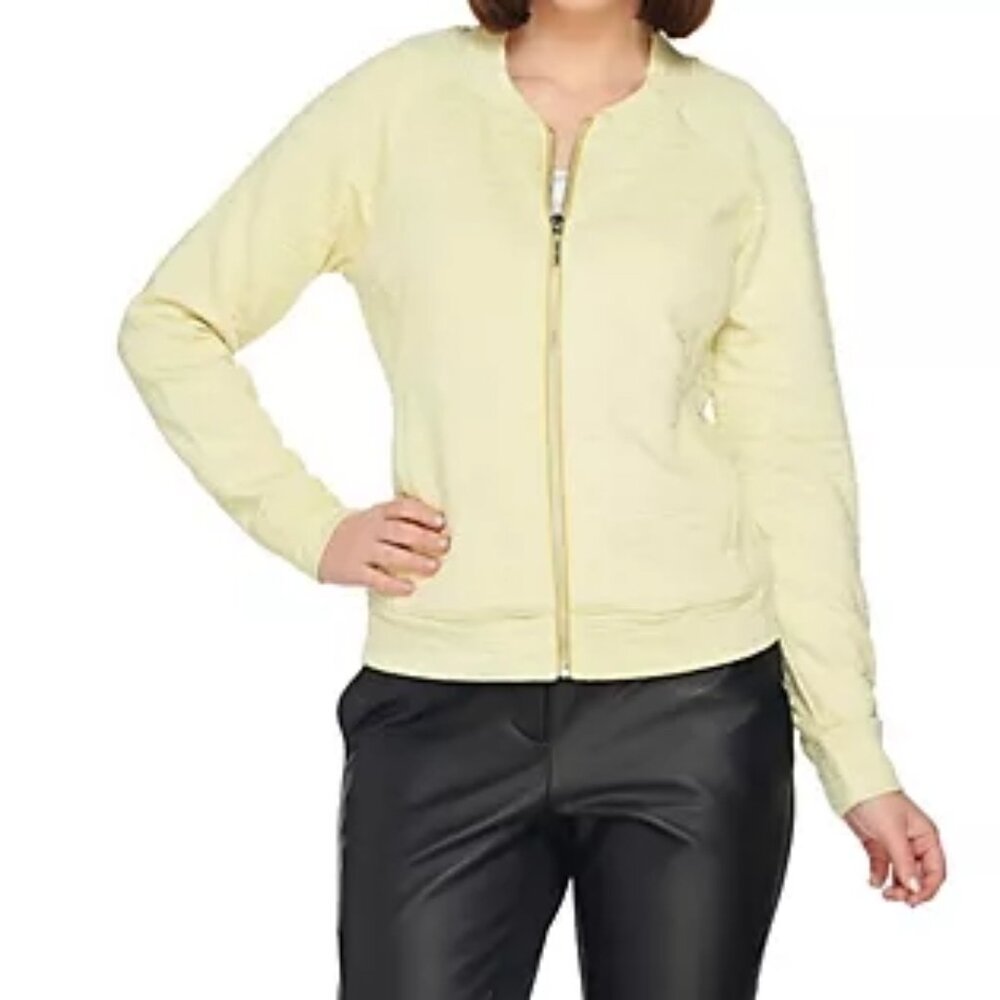 H by Halston Bomber Jacket 12 Yellow Lightweight Stretch Textured Knit Zip Front